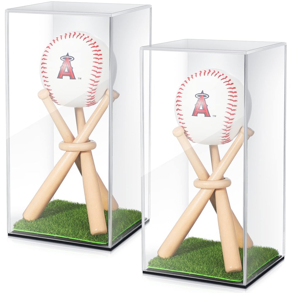 Mudder Baseball Display Case and Wood Stand Acrylic Baseball Holder Acrylic Box with Grass Pad for Ball Display Mini Wooden Bat Showcase Holders for Memorabilia Autograph Ball(2 Packs)