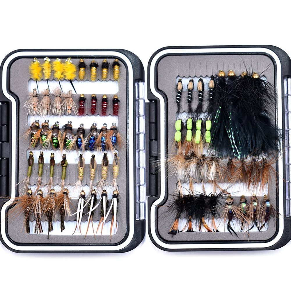 32/40/60/68pcs Fishing Flies Set Dry Wet Flies Nymphs, Streamers, Wooly Buggers, Terrestrials, Insect Lure Set (72pcs Assorted Flies in Fly Box)