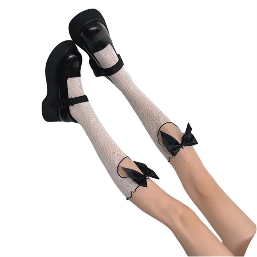 Mluvpxey Knee High Socks Bowknot Lace Stockings in The Middle Lolita Jk Stockings in The Lower Legs (Color : White, Size : One Size)