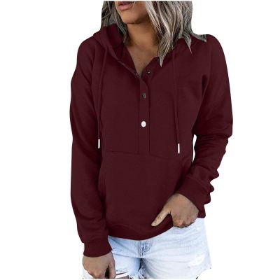 PBNBP Fall Winter Dressy Hoodies for Teen Girls Pullover Kangaroo Pockets Hooded Long Sleeve Tops Buttons Solid Color Loose Fit Daily Wear Sweatshirts Sudaderas
