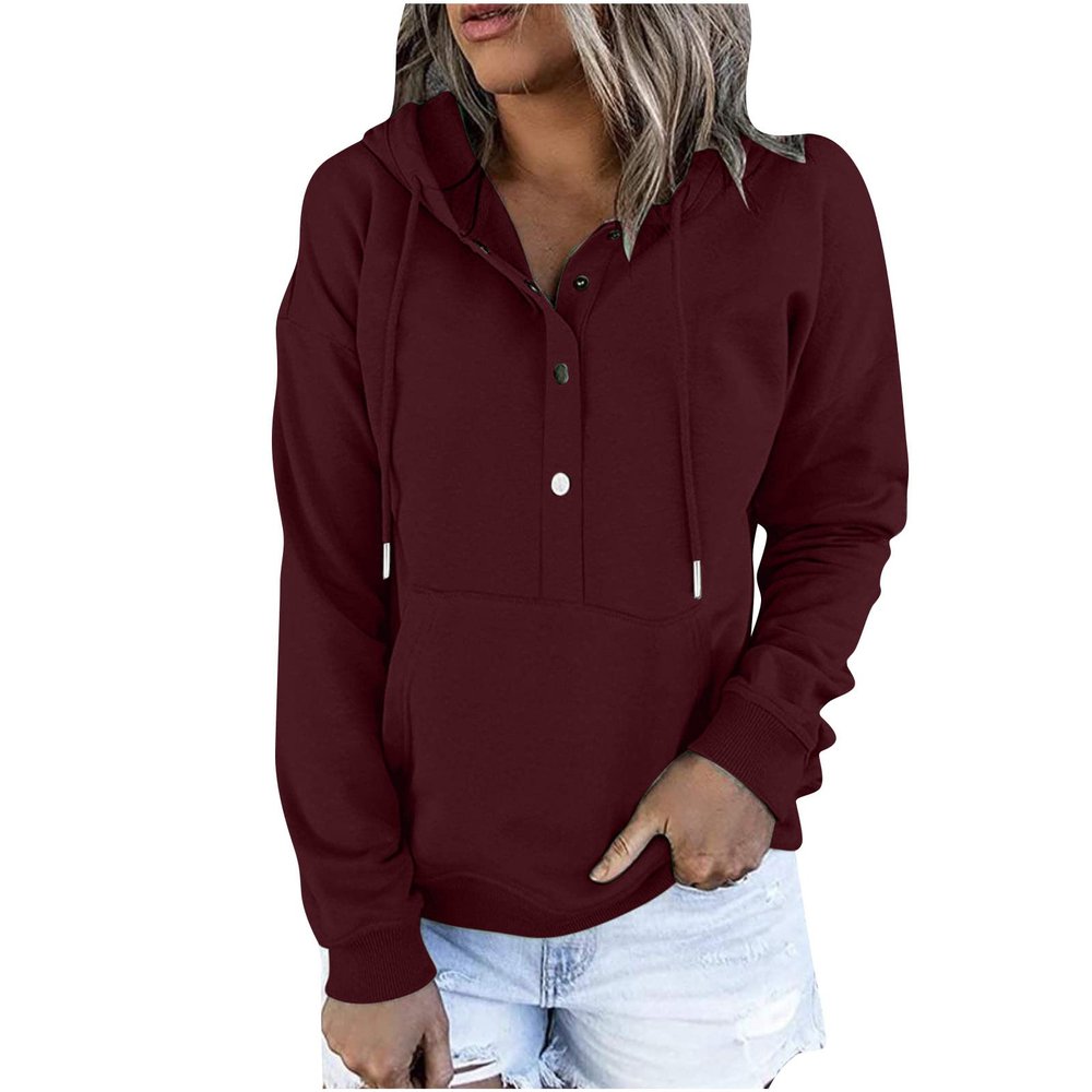 PBNBP Fall Winter Dressy Hoodies for Teen Girls Pullover Kangaroo Pockets Hooded Long Sleeve Tops Buttons Solid Color Loose Fit Daily Wear Sweatshirts Sudaderas