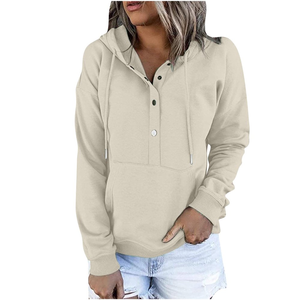 PBNBP Loose Fit Long Sleeve Sweatshirts for Teen Girls Kangaroo Pockets Hooded Casual Fall Winter Hoodies Pullover Buttons Daily Wear Solid Color Tops Sudaderas