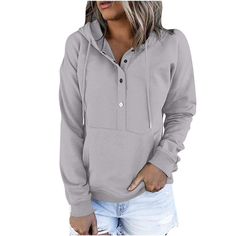 PBNBP Solid Color Tops for Teen Girls Kangaroo Pockets Buttons Fall Winter Loose Fit Sweatshirts Pullover Hooded Daily Wear Long Sleeve Basic Hoodies Sudaderas