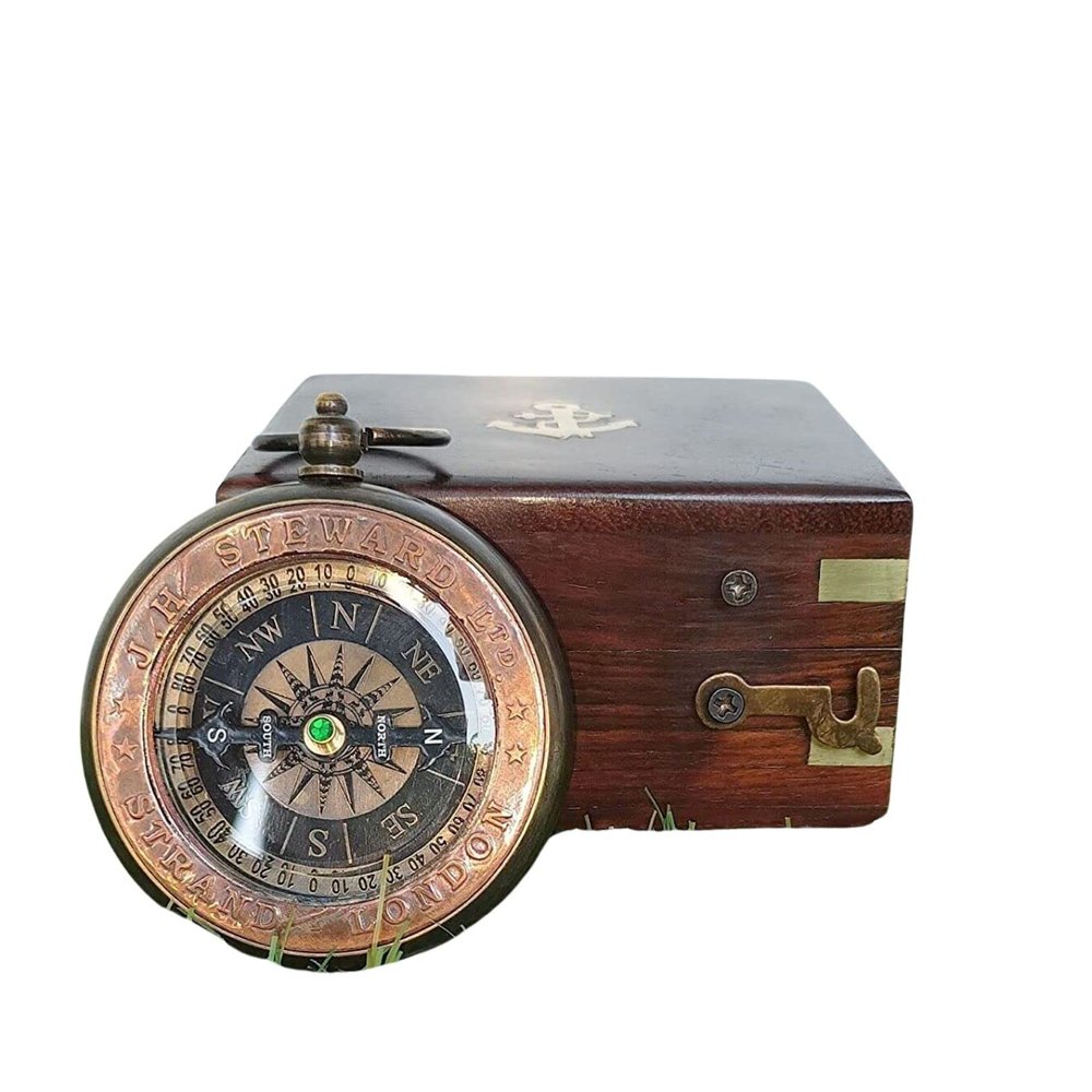 Calif International Pocket Compass Push Button with Wood Box Compass