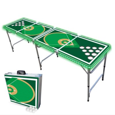 PARTYPONG 8-Foot Folding Beer Pong Table w/Cup Holes & LED Lights - Baseball Diamonds Edition
