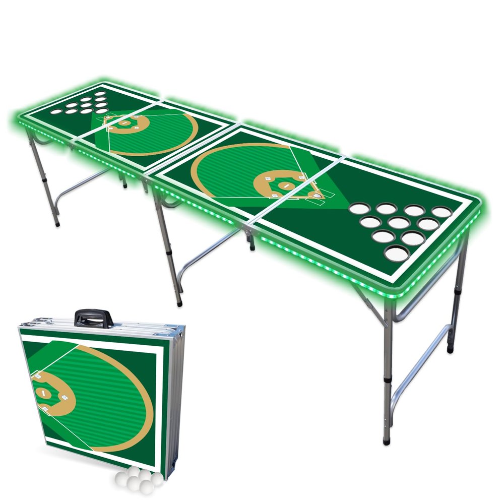 PARTYPONG 8-Foot Folding Beer Pong Table w/Cup Holes & LED Lights - Baseball Diamonds Edition