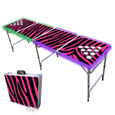 PARTYPONG 8-Foot Folding Beer Pong Table w/Cup Holes & LED Lights - Pink Zebra Edition