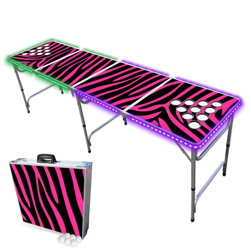 PARTYPONG 8-Foot Folding Beer Pong Table w/Cup Holes & LED Lights - Pink Zebra Edition