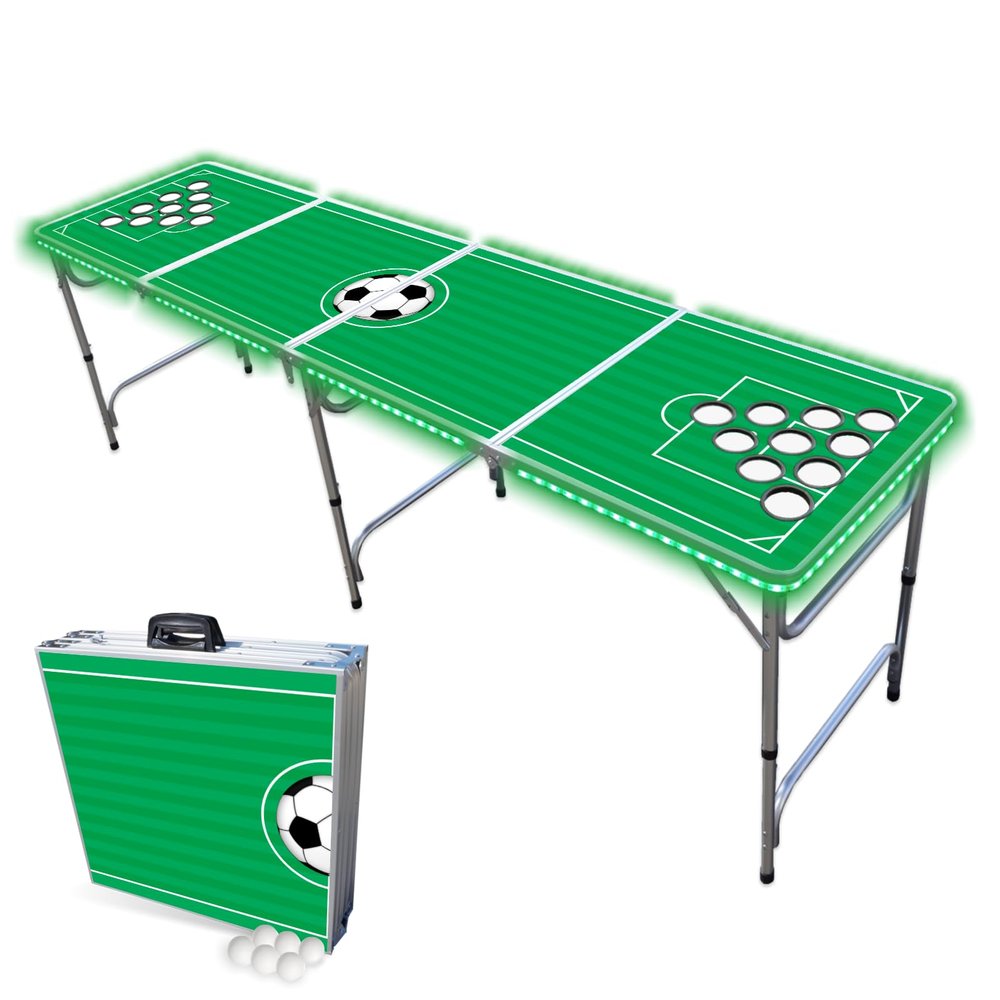 PARTYPONG 8-Foot Folding Beer Pong Table w/Cup Holes & LED Lights - Soccer Field Edition
