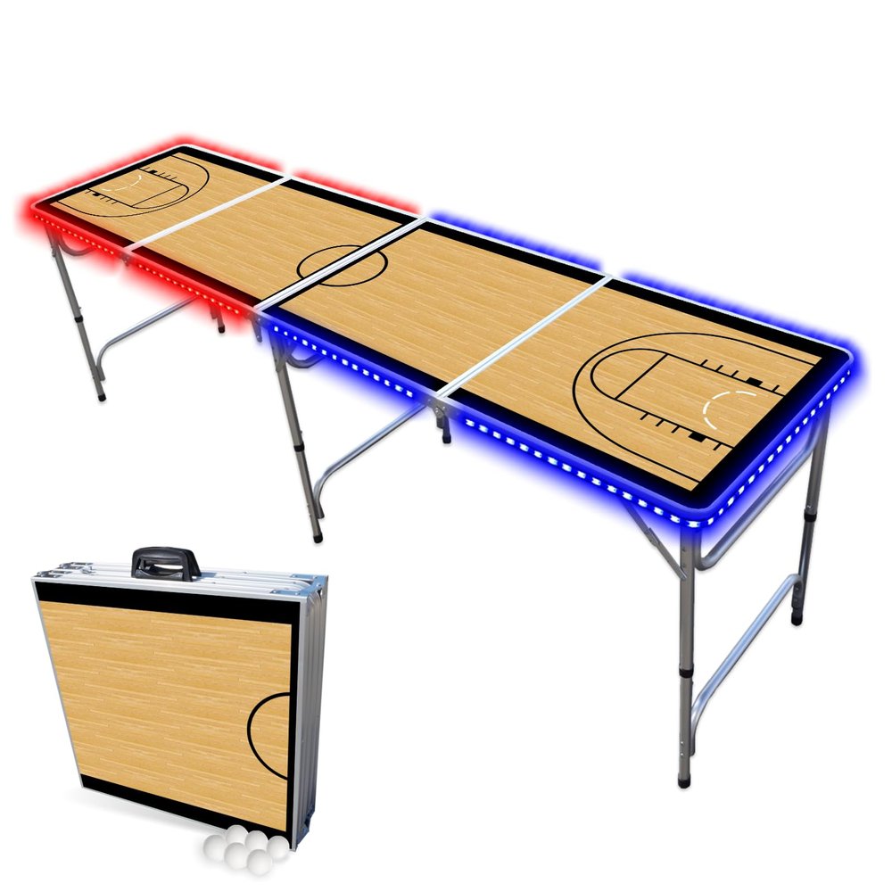 PARTYPONG 8-Foot Folding Beer Pong Table w/LED Lights - Basketball Court Edition