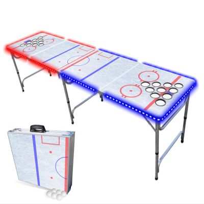 PARTYPONG 8-Foot Folding Beer Pong Table w/Cup Holes & LED Lights - Hockey Rink Edition