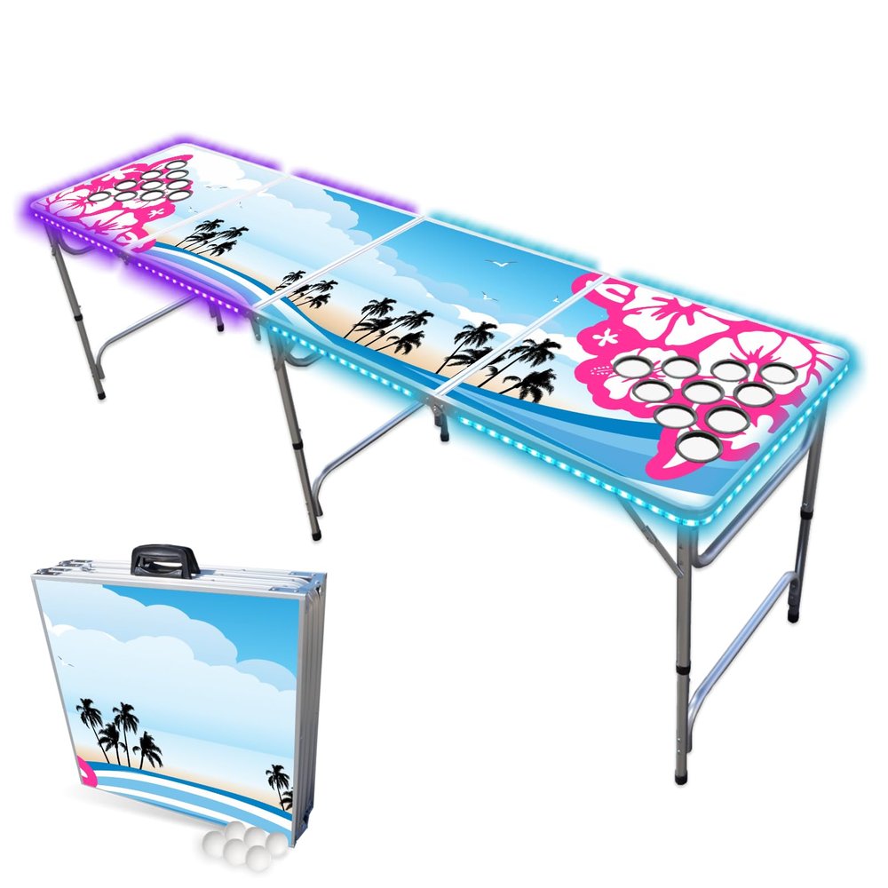 PARTYPONG 8-Foot Folding Beer Pong Table w/Cup Holes & LED Lights - Hibiscus Edition