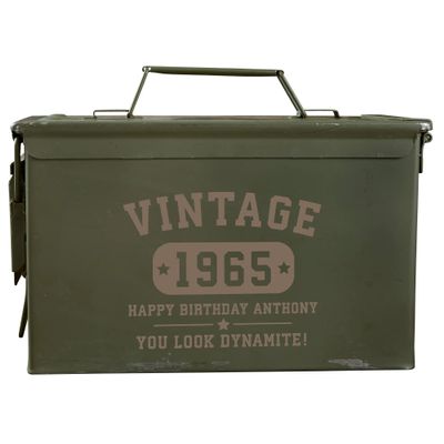 Personalization Universe Vintage Personalized Ammo Box for Men, Authentic Military Surplus, Customizable with Year and Text, Ideal for Accessories and Storage, 50 Cal M2A1, Made in USA