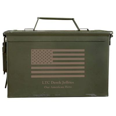 Personalization Universe American Flag Personalized Ammo Box - Authentic Military Surplus Ammo Storage Container with Custom Name, Ideal for Hunting Accessories, Gifts for Men, 50 Cal