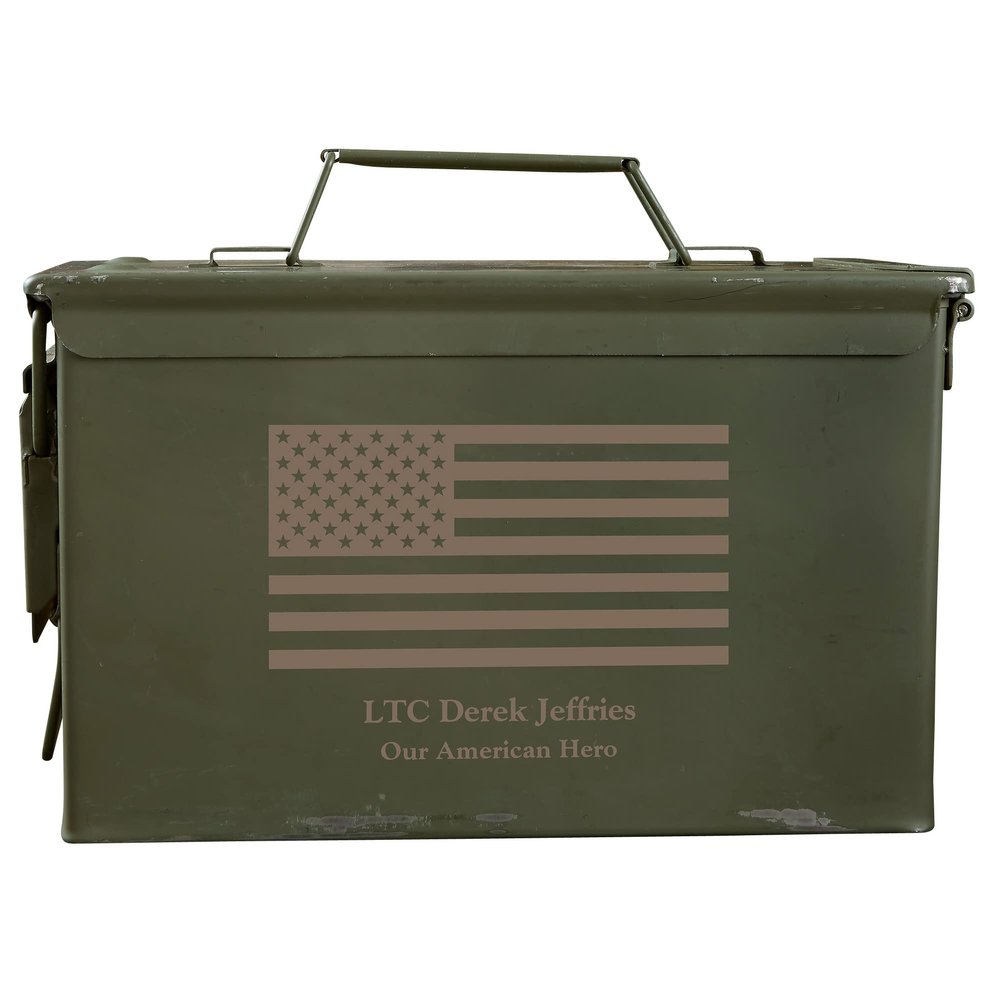 Personalization Universe American Flag Personalized Ammo Box - Authentic Military Surplus Ammo Storage Container with Custom Name, Ideal for Hunting Accessories, Gifts for Men, 50 Cal