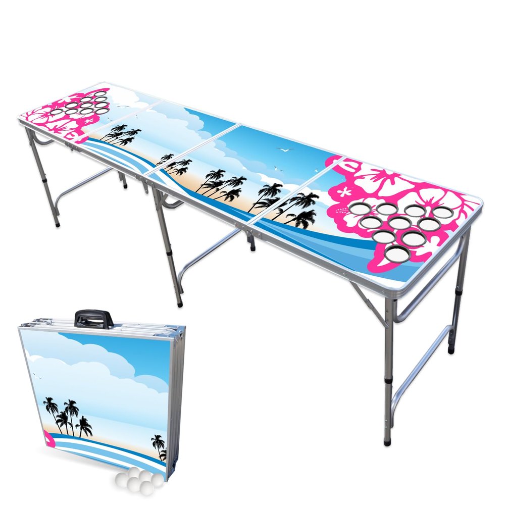 PARTYPONG 8-Foot Folding Beer Pong Table w/Cup Holes - Hibiscus Edition