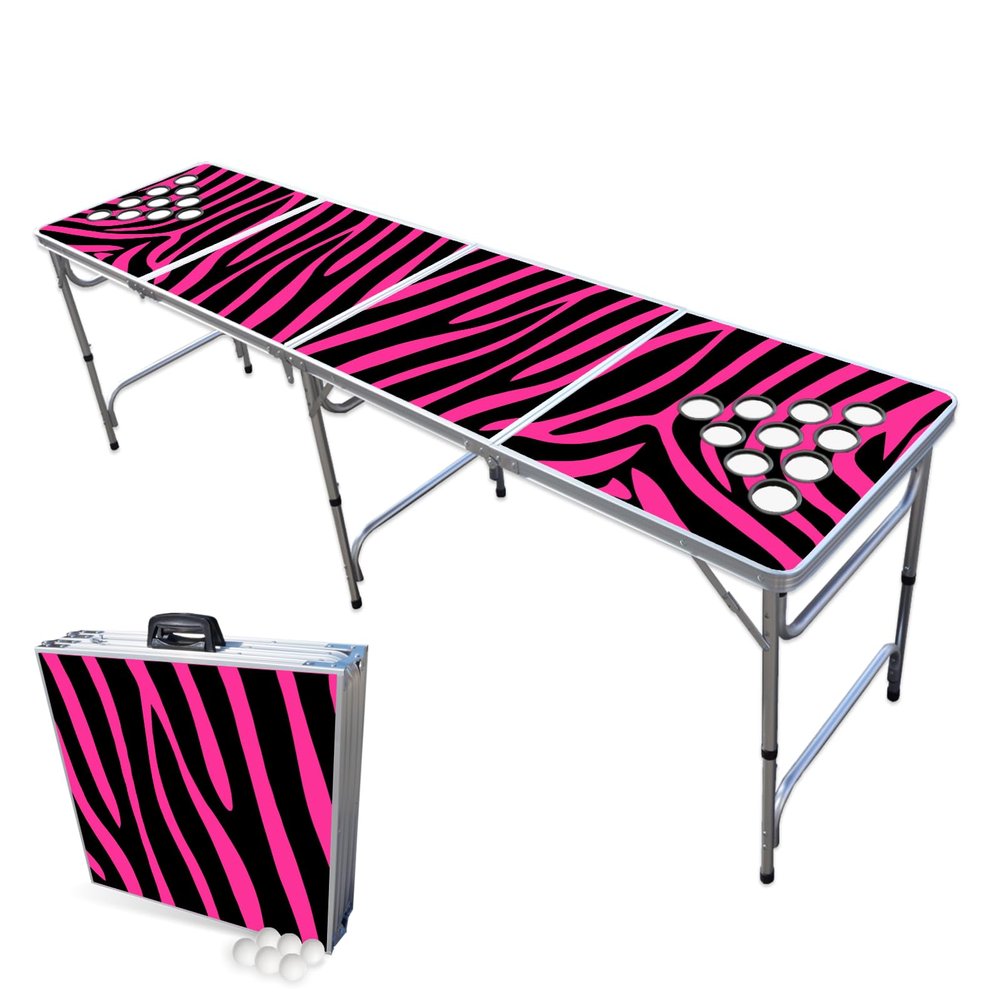 PARTYPONG 8-Foot Folding Beer Pong Table w/Cup Holes - Pink Zebra Edition