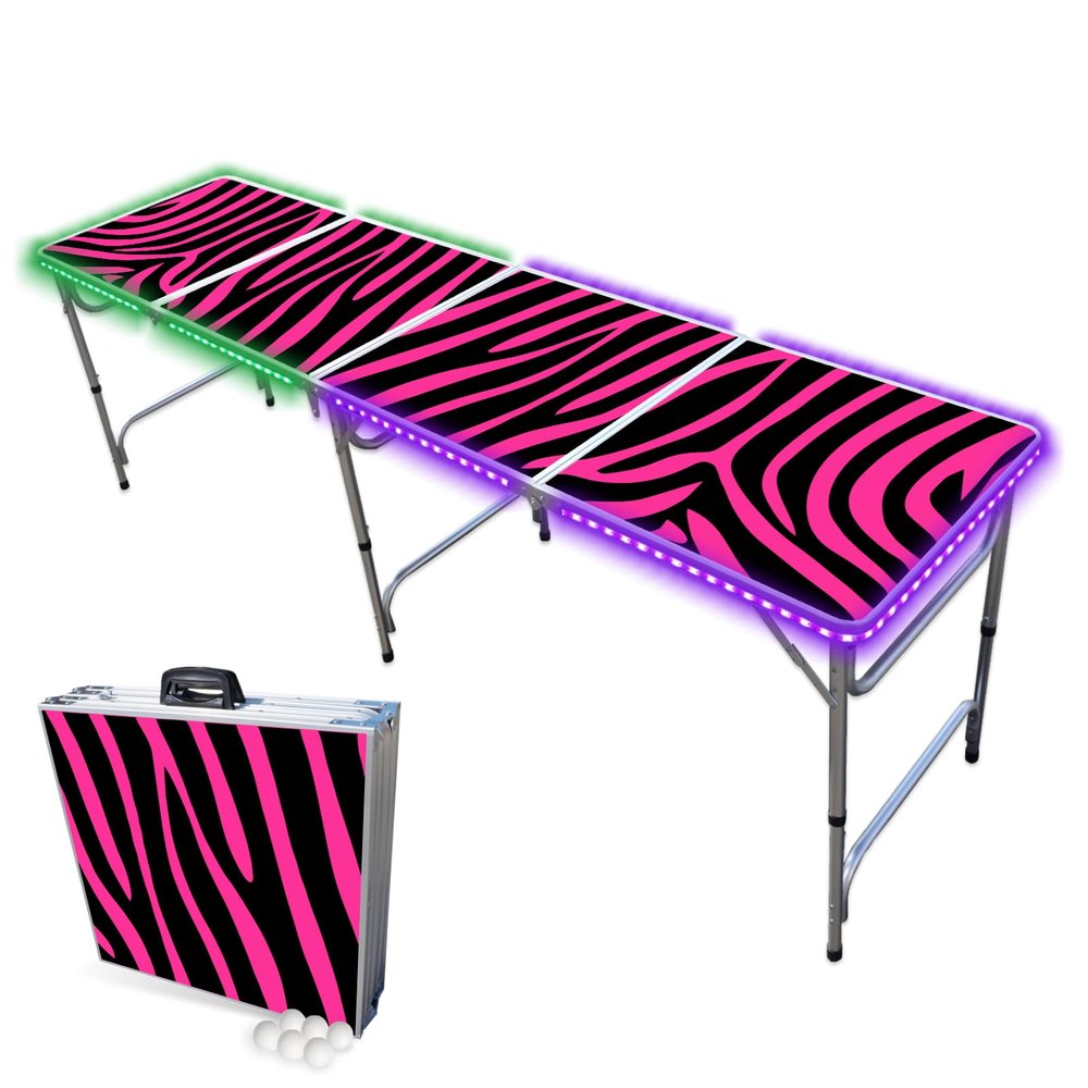 PARTYPONG 8-Foot Folding Beer Pong Table w/LED Lights - Pink Zebra Edition