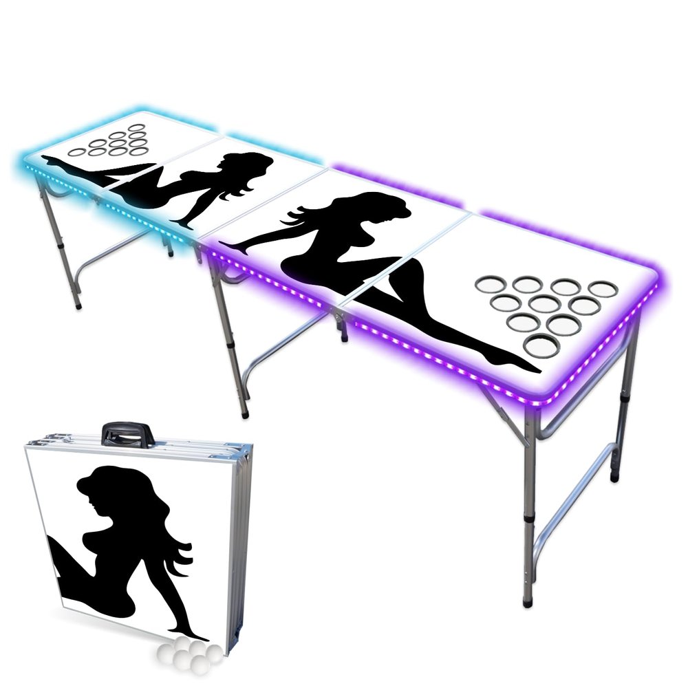 PARTYPONG 8-Foot Folding Beer Pong Table w/Cup Holes & LED Lights - Trucker Girl Edition