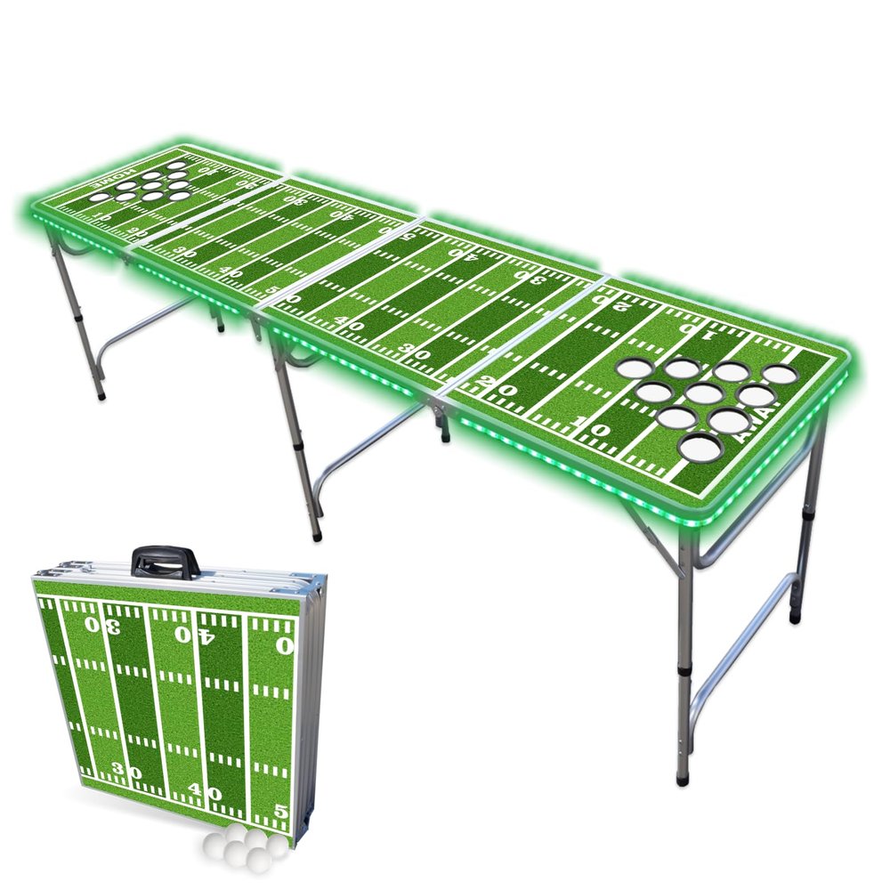 PARTYPONG 8-Foot Folding Beer Pong Table w/Cup Holes & LED Lights - Football Field Edition