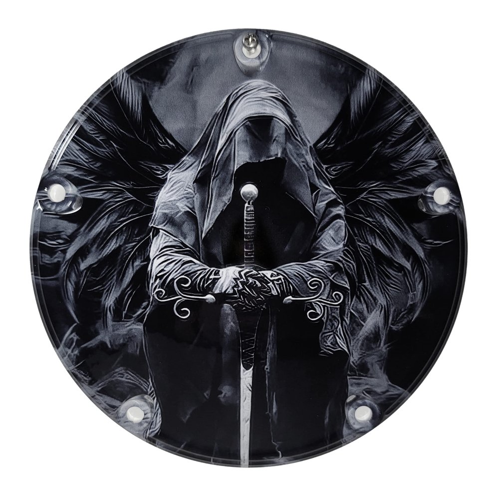Custom Aluminum 5 Hole Twin Cam Derby Clutch Cover for Harley Davidson - Dark Angel Reaper (Glossy Finish, 1999-2015 Touring & Trike Models)