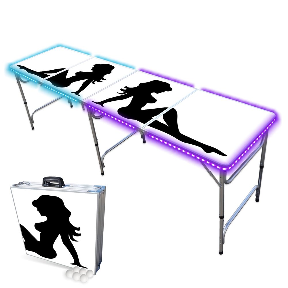 PARTYPONG 8-Foot Folding Beer Pong Table w/LED Lights - Trucker Girl Edition
