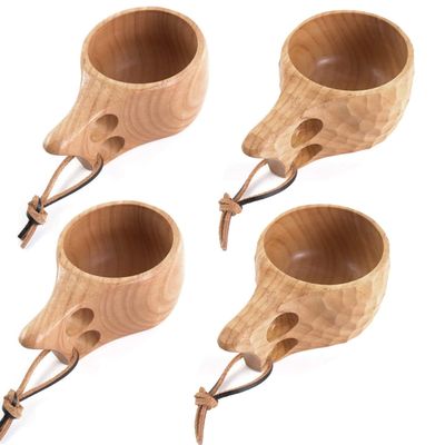 TANFEI Set of 4 Wooden Camping Mug, Kuksa Wooden Cup, Natural Oak Wood Coffee Cups, Handcrafted Kuksa Cup for Outdoor Home Office