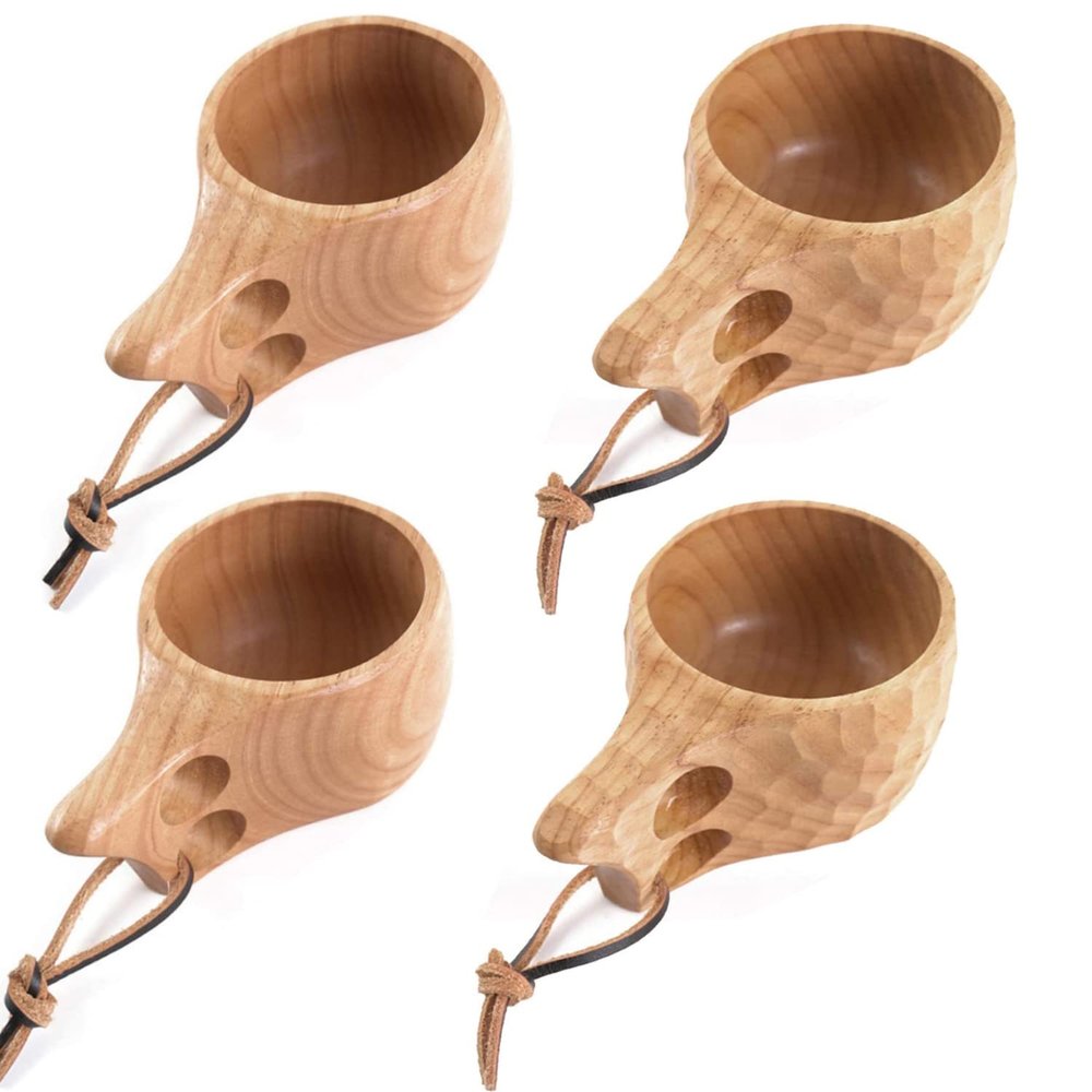 TANFEI Set of 4 Wooden Camping Mug, Kuksa Wooden Cup, Natural Oak Wood Coffee Cups, Handcrafted Kuksa Cup for Outdoor Home Office