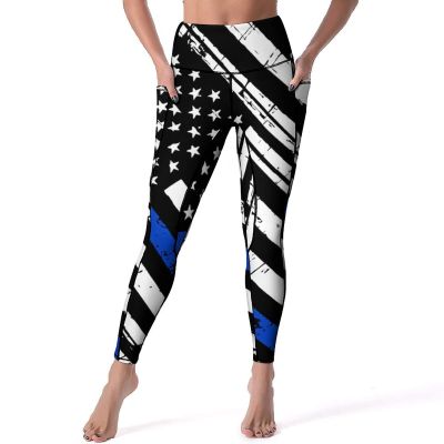 Bagea-Ka American Blue Line Stars Flag Pattern High Waisted Leggings for Women Yoga Pants with Pocket Workout Sports