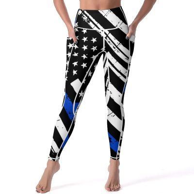 Bagea-Ka American Blue Line Stars Flag Pattern High Waisted Leggings for Women Yoga Pants with Pocket Workout Sports