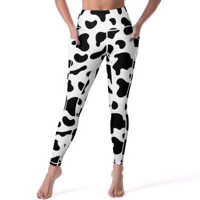 Bagea-Ka Cowhide Milk Cow Print High Waisted Leggings for Women Yoga Pants with Pocket Tummy Control Workout Sports Athletic
