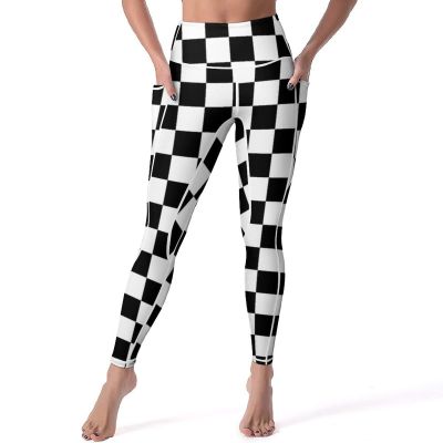 Bagea-Ka Race Checkered Flag Pattern High Waisted Leggings for Women Yoga Pants with Pocket Workout Sports Athletic