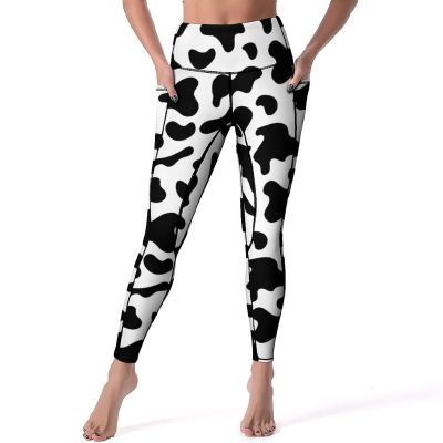 Bagea-Ka Cowhide Milk Cow Print High Waisted Leggings for Women Yoga Pants with Pocket Tummy Control Workout Sports Athletic
