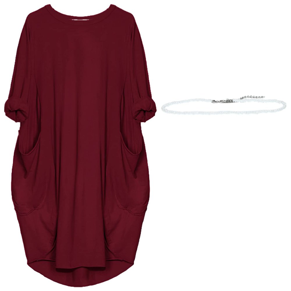 aromm Women T Shirt Dress Crew Neck Loose Casual Plus Size Midi Dress with Pockets Wine Red,5XL
