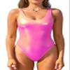 SHEKINI Women's Metallic Shiny Bathing Suit Scoop Neck Backless One Piece Swimsuits(Pink, Small) view 1