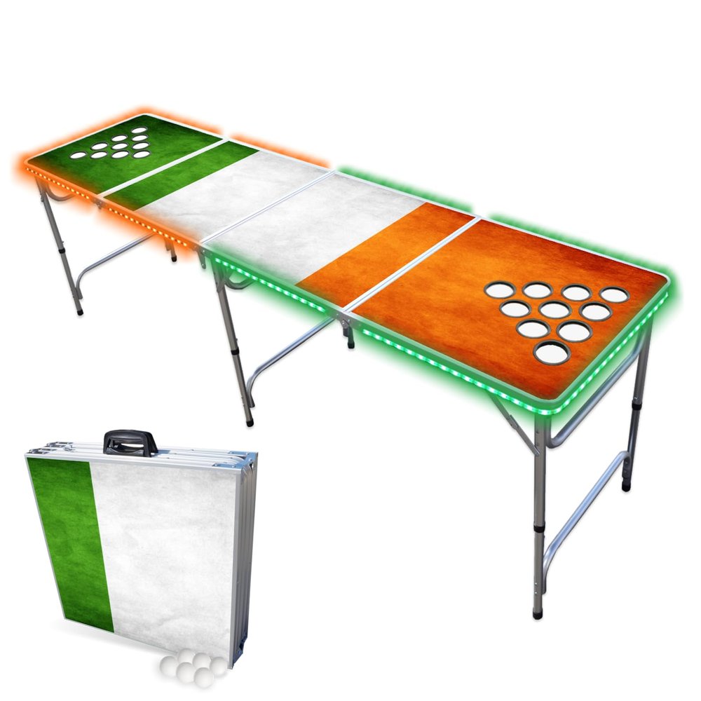 PARTYPONG 8-Foot Folding Beer Pong Table w/Cup Holes & LED Lights - Shenanigans Edition