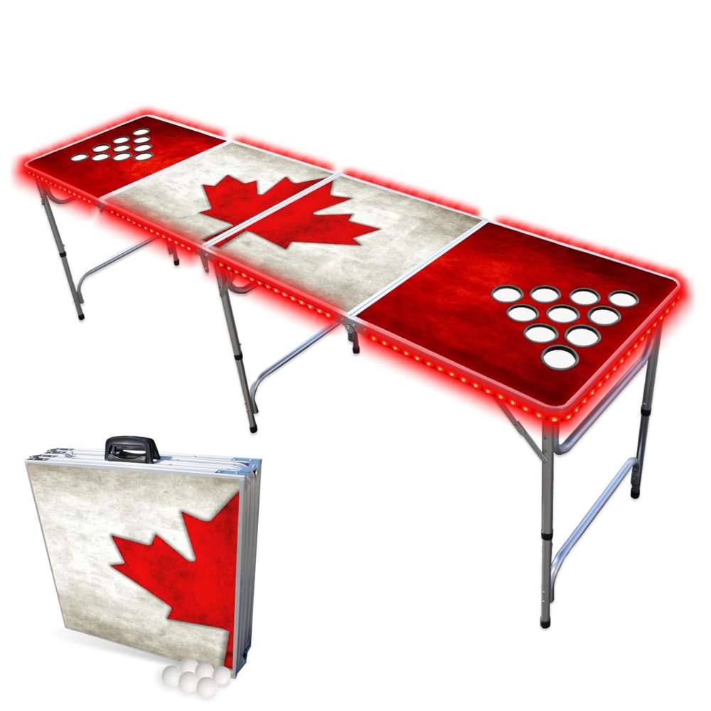 PARTYPONG 8-Foot Folding Beer Pong Table w/Cup Holes & LED Lights - Oh Canada Edition