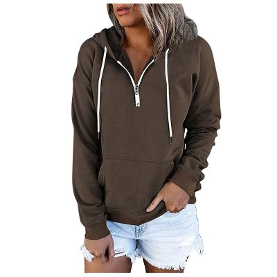 Womens Hoodies Pullover Trendy Snaps V-Neck Drawstring Hooded Sweatshirt Kangaroo Pockets Color Block Long Sleeve Tops A-Brown