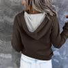 Womens Hoodies Pullover Trendy Snaps V-Neck Drawstring Hooded Sweatshirt Kangaroo Pockets Color Block Long Sleeve Tops A-Brown view 3