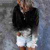 Womens Hoodies Pullover Trendy Snaps V-Neck Drawstring Hooded Sweatshirt Kangaroo Pockets Color Block Long Sleeve Tops E-Black view 3