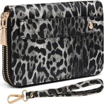 B BRENTANO Vegan Leather Double Zipper Pocket Wallet with Grip Hand Strap (Leopard Black&White)