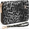 B BRENTANO Vegan Leather Double Zipper Pocket Wallet with Grip Hand Strap (Leopard Black&White) view 1