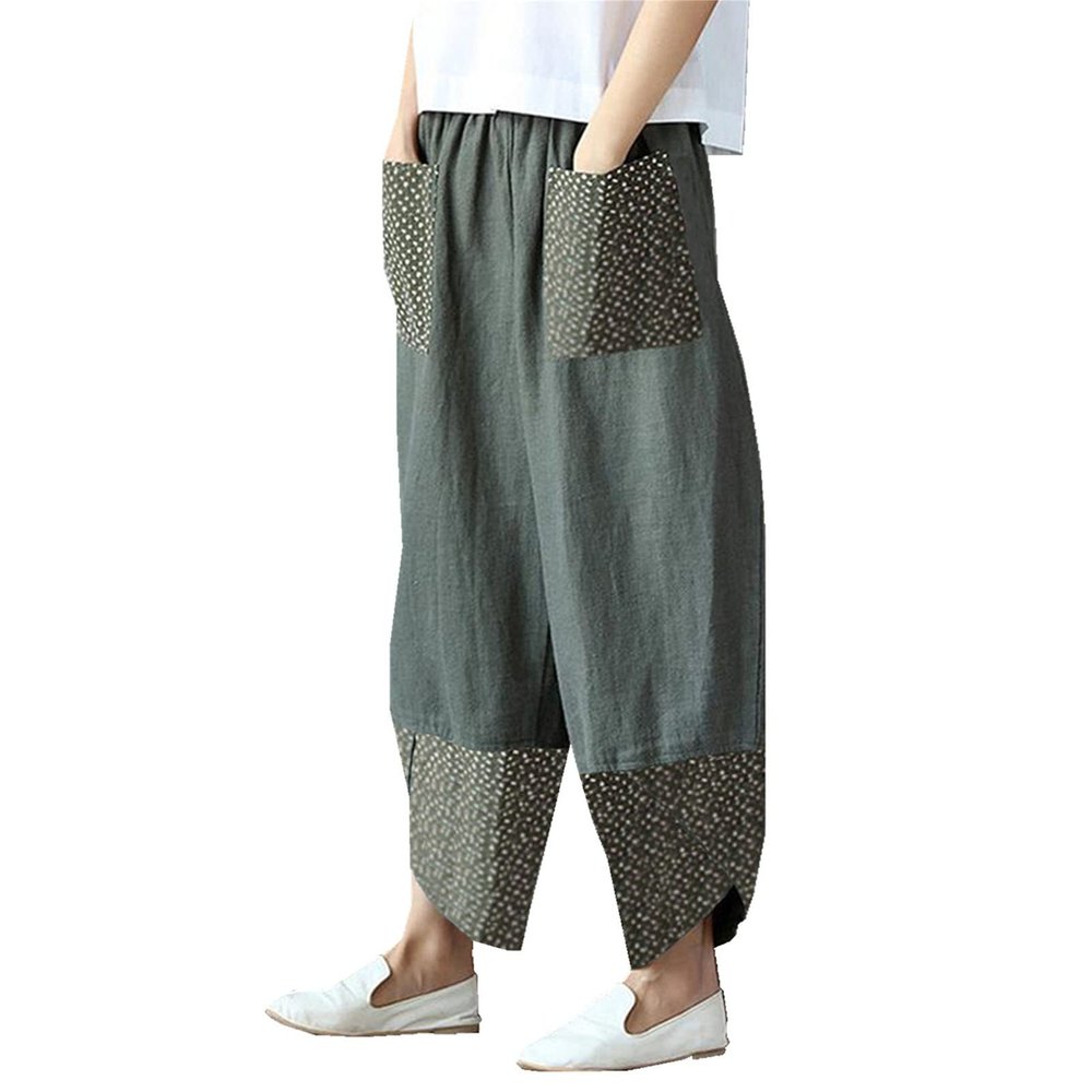 Maiyifu-GJ Women's Patchwork Linen Wide Leg Pants Elastic Waist Casual Capri Harem Trousers Loose Tapered Lounge Baggy Pant (Dark Grey,Large)