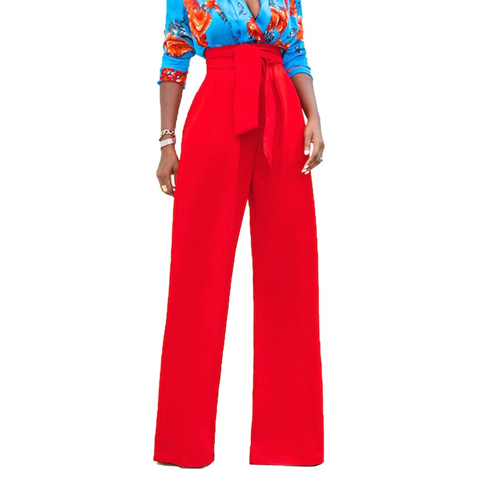 Women High Waisted Belted Flare Pants Vintage Stretchy Bell Bottom Pants Retro Loose Fit Wide Leg Office Trousers (Red,Small)