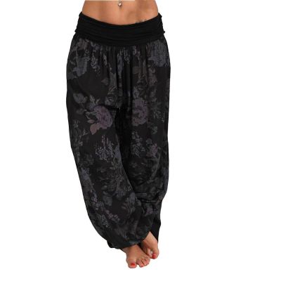 Maiyifu-GJ Women's Boho Hippie Harem Pants Floral Loose Wide Leg Summer Beach Pants Printed Flowy Baggy Casual Trousers (Black,3X-Large)