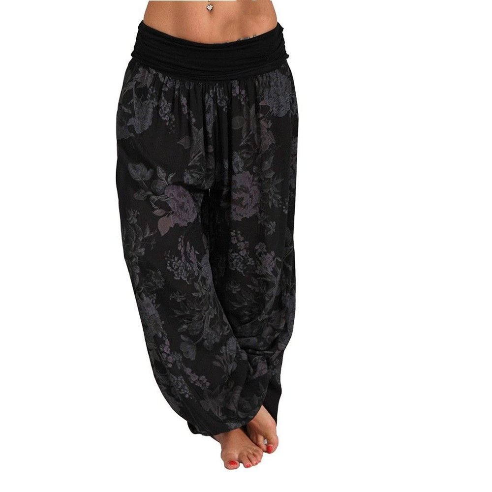 Maiyifu-GJ Women's Boho Hippie Harem Pants Floral Loose Wide Leg Summer Beach Pants Printed Flowy Baggy Casual Trousers (Black,3X-Large)