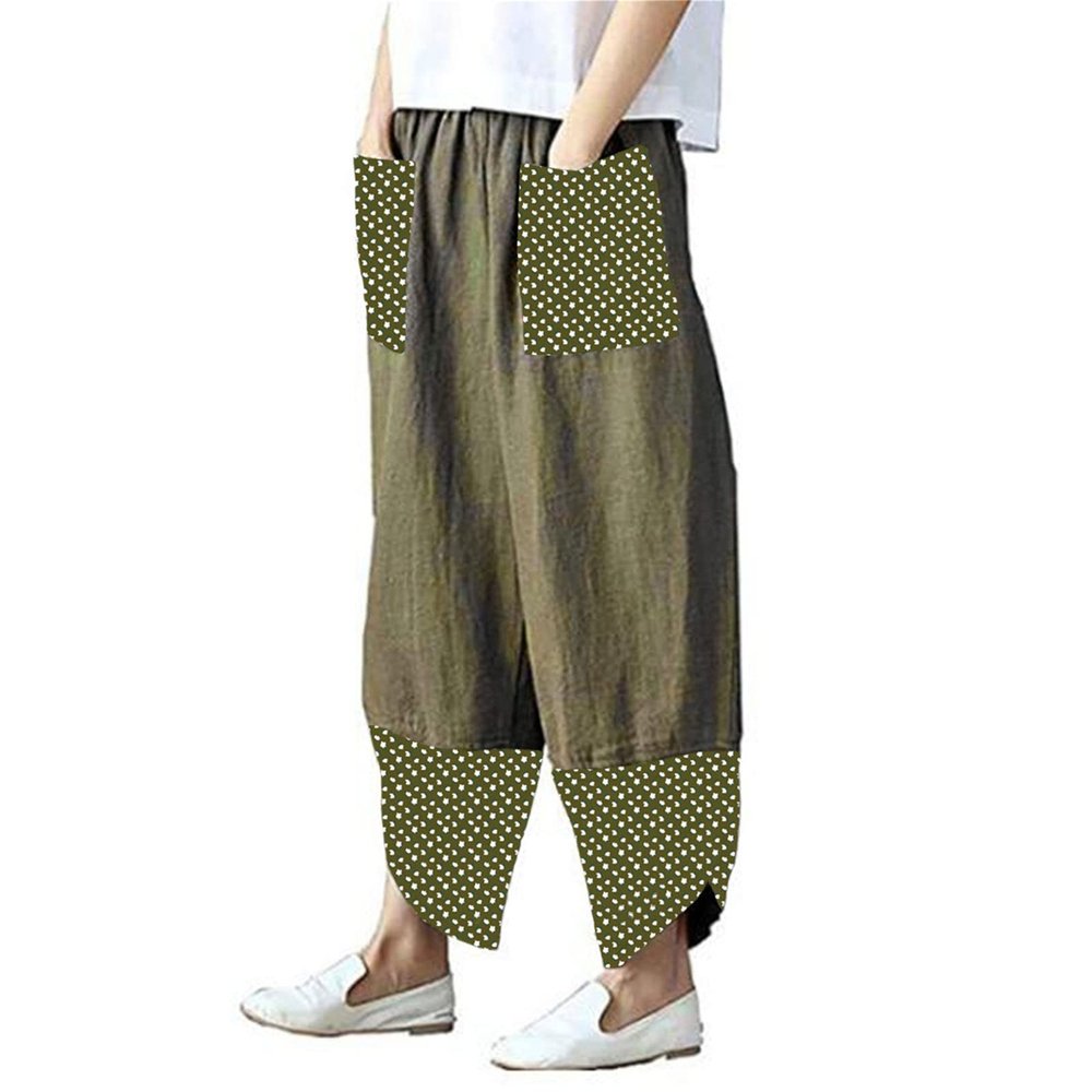 Women's Patchwork Linen Wide Leg Pants Elastic Waist Casual Capri Harem Trousers Loose Tapered Lounge Baggy Pant (Green,XX-Large)