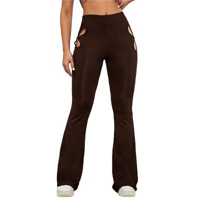 Women's High Waist Cut Out Pants Skinny Cut Out Workout Flare Yoga Pant Sexy Stretch Wide Leg Long Trousers (Brown,X-Small)