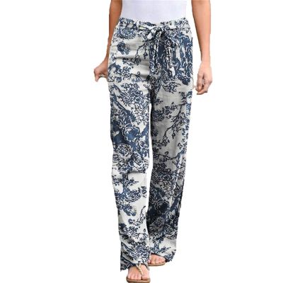 Maiyifu-GJ Women Floral Print Linen Belted Pants Elastic High Waist Printed Hippie Trousers Casual Beach Wide Leg Lounge Pant (White 1,Small)