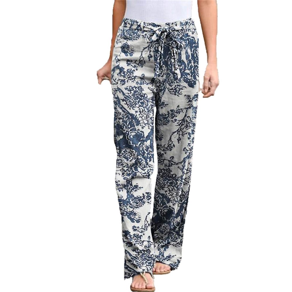 Maiyifu-GJ Women Floral Print Linen Belted Pants Elastic High Waist Printed Hippie Trousers Casual Beach Wide Leg Lounge Pant (White 1,Small)